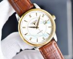 High Quality Replica Longines Two Tone Gold Bezel Brown Leather Strap Watch